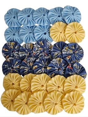 Handmade Fabric Yo-Yo Quilt Squares - Set of 30, Denim Blue, LIght Blue , Yellow